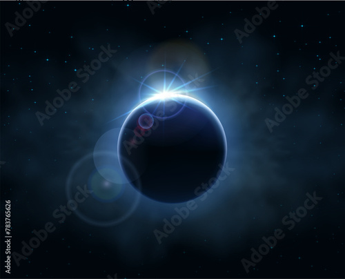 Solar eclipse on dark background with space dust and sun beams. Vector illustation.