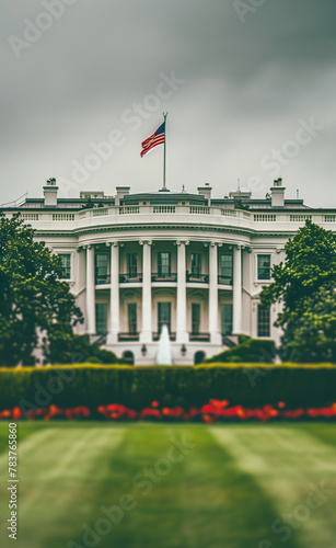 White House Facade with American Flag in Selective Focus
