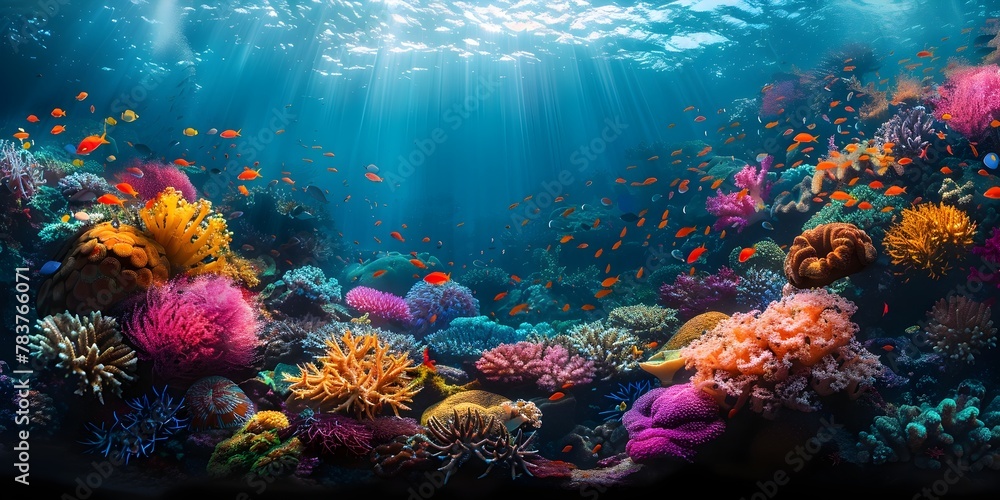 Vibrant Coral Reef Teeming with Diverse Marine Life Under Glowing Sunlight