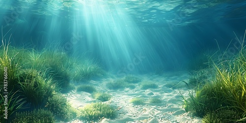 Serene Undersea Landscape Bathed in Warm Sunlight Swaying Seagrass in Ocean Current