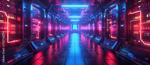 Symmetric mainframes create a futuristic tech backdrop with neon-lit corridor and laptops