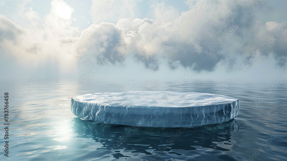 Obraz premium ice podium in the middle of an ocean, round flat ice block floating on water, background with clouds and mist for a product presentation mock up