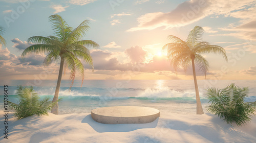 Abstract tropical beach background with round podium for product presentation  summer scene with ocean and palm trees  mockup design template