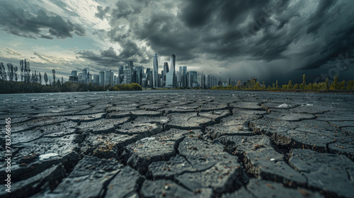 flat expanse of low wide-angle cracked ground stretches to the horizon with a visible backdrop of the city skyline, tall buildings and dark clouds created with Generative AI Technology photo