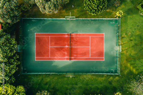 An aerial view of the tennis court sports field on top of with a rubber surface and white lines outdoors