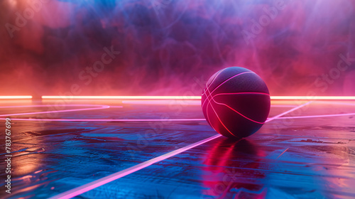 Basketball on the court with neon lights
