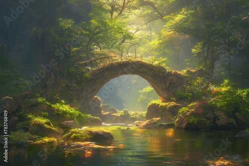 Stone bridge in forest, anime, wallpaper