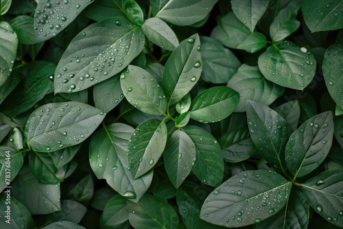 A close-up image of dew-covered leaves