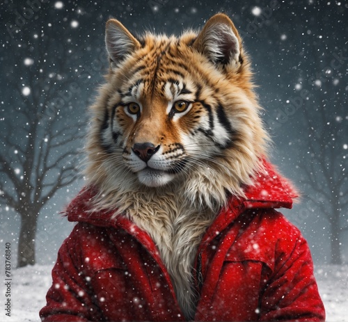 tiger in snow and santa claus suit
