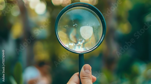 Hand holding a magnifying glass focusing on nature, portraying curiosity and detailed exploration.