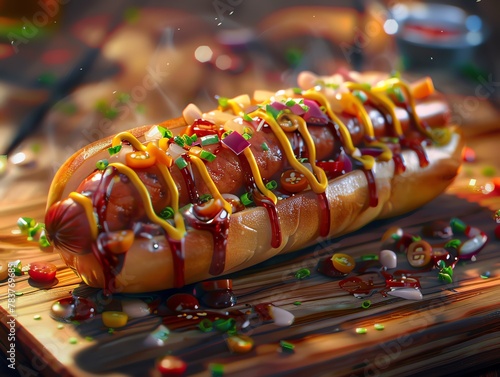 Mouth-watering hot dog with a generous amount of toppings and sauces.
