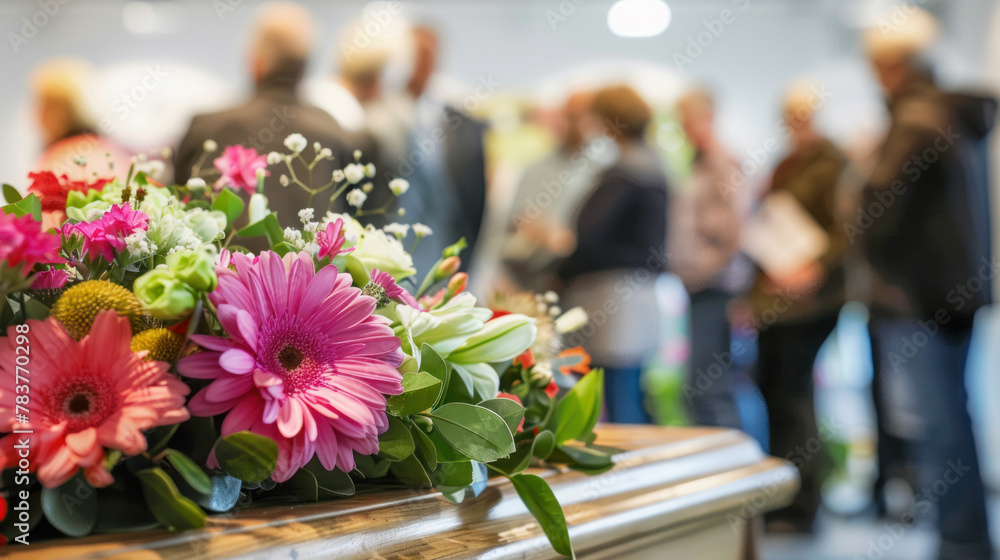 Obraz premium Coffin decorated with flowers during funeral viewing