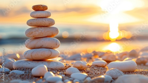 Zen concept. The object of the stones on the beach at sunset. AI generated