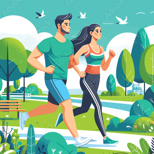 young couple jogging together in a park in flat design illustration