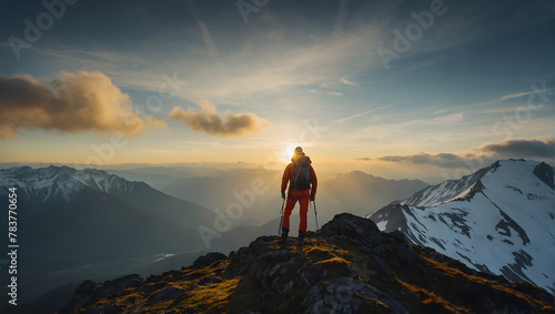 A mountaineer reaching the summit of a mountain