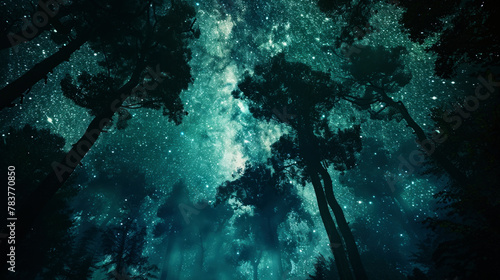 Unreal starry night in dark forest © Kondor83