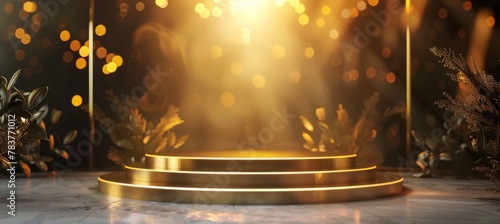 Gold podium on dark background with Gold Particles. Empty pedestal for award ceremony. Platform illuminated by spotlights