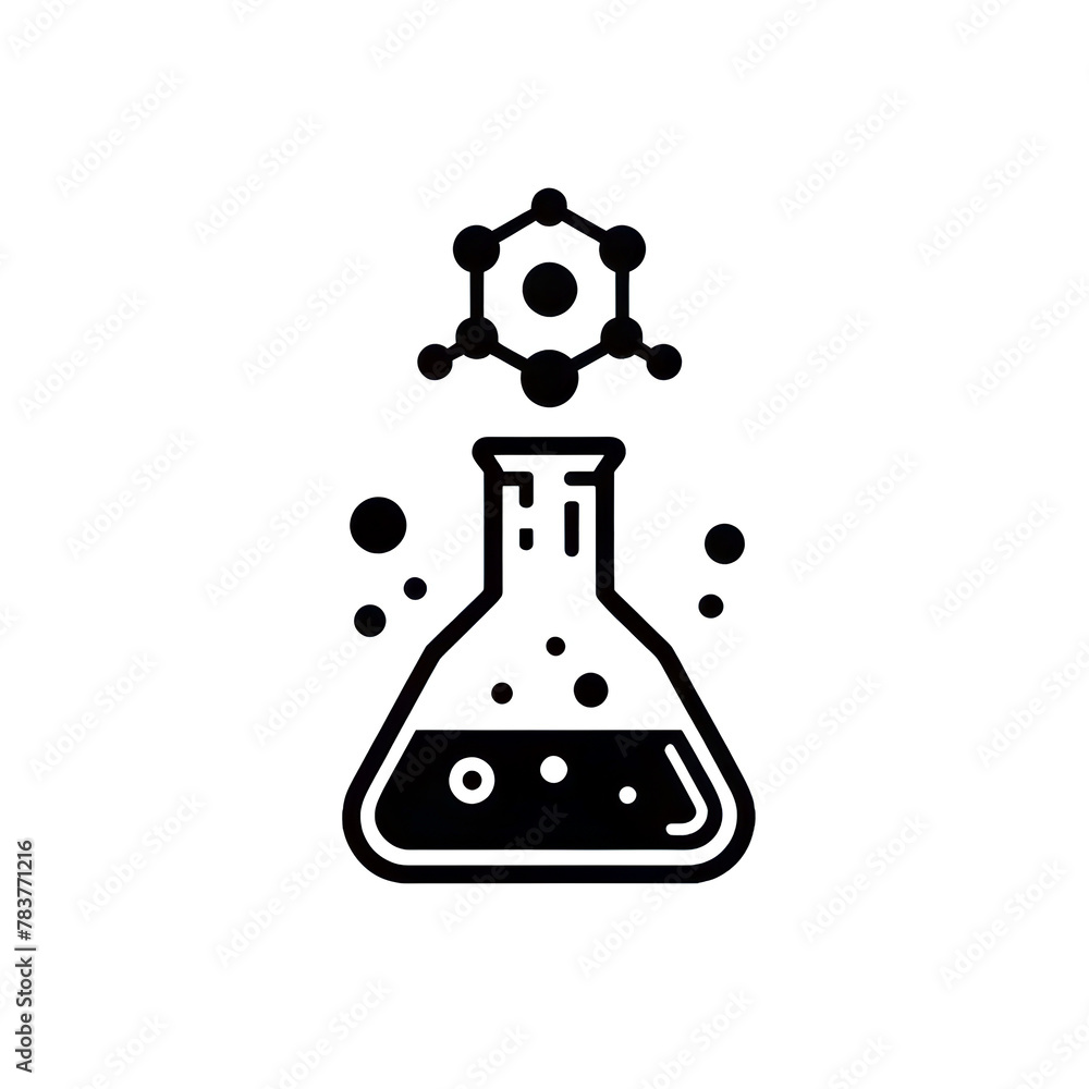 black and white icon of a bubbling flask with molecule structure for science and chemistry black and white icon of a bubbling flask with molecule structure for science and chemistry