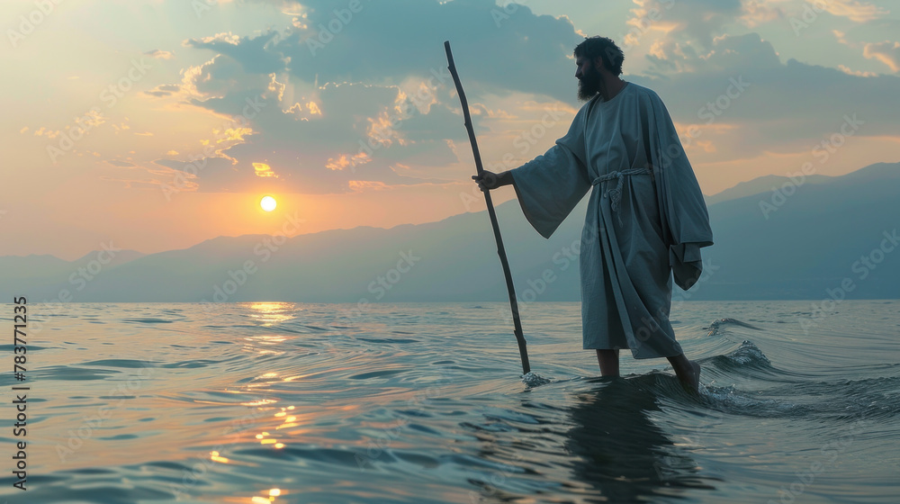 Fototapeta premium Jesus Christ walking on sea surface, sunset light