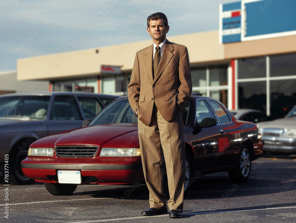 A sleazy car salesman in a polyester suit stands in his lot, ready to pressure customers.
