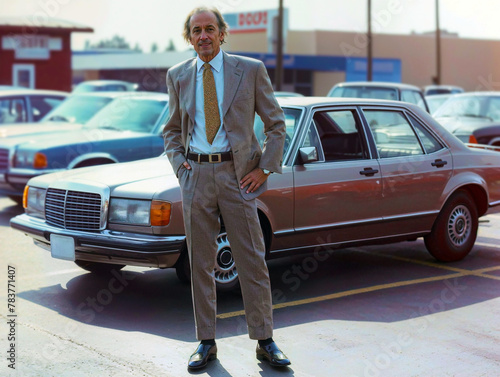A sleazy used car salesman stands in his lot, ready to pressure customers into a bad deal.
