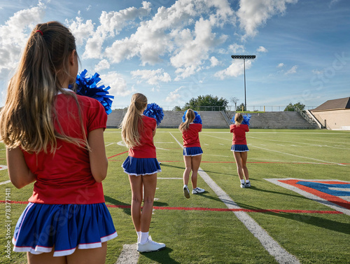 A high school cheerleading squad stands at attention on the football field, ready to perform. 