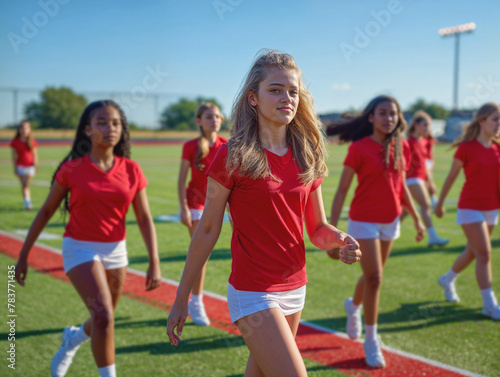 A diverse group of high school cheerleaders practice a routine on the school's athletic field.