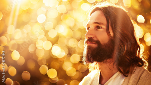 Portrait of Jesus Christ with sun rays and golden glittering bokeh