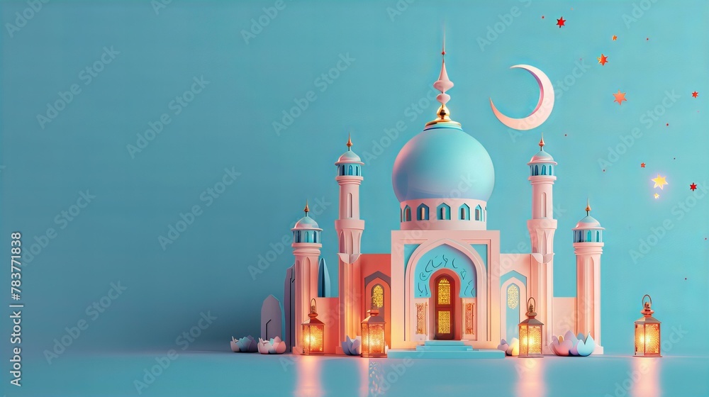 Obraz premium Ramadan Kareem greeting with 3D mosque design and decorative elements. Festive concept for Islamic