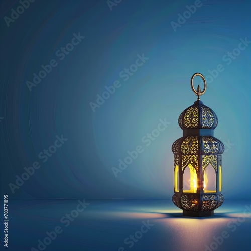 Traditional Ramadan lantern with intricate design on a subtle blue background. Festive concept