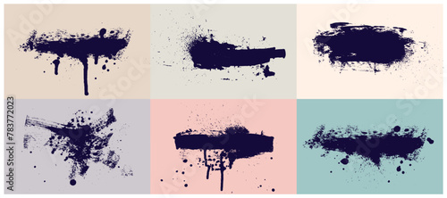 Trend set brush strokes. Paintbrush collection. Grunge design elements. Rectangle black text boxes. Dirty distress texture banners. Ink color splatters. Vector grungy painted objects.