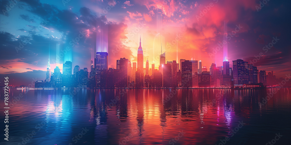 A modern city with numerous tall buildings brightly lit up banner