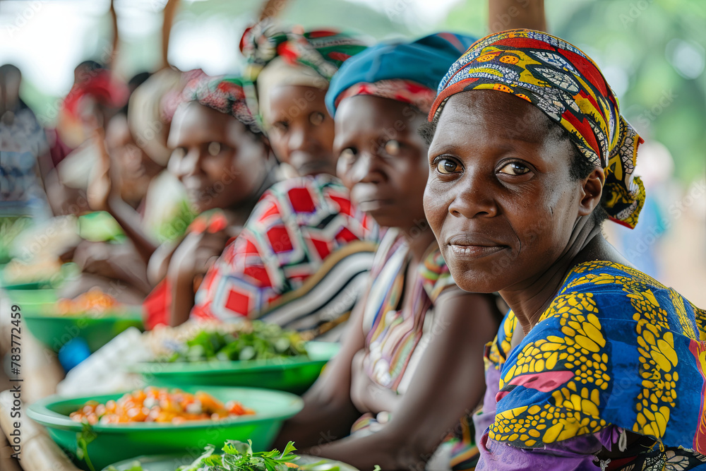 African women of the Dorze ethnic group are selling food at the Dorze village tribal market