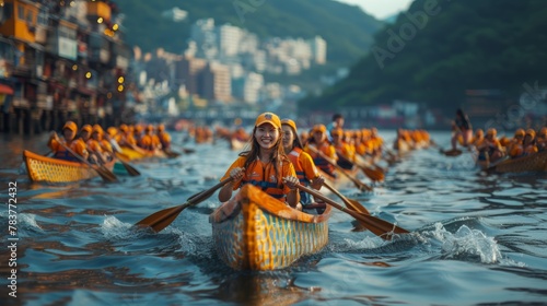 Dragon boat racing on Keelung River, featuring teams in orange uniforms energetically paddling with the urban skyline as a backdrop. photo