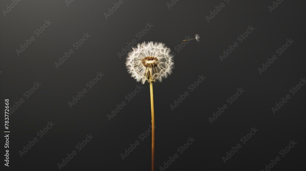 A close-up shot minimalist composition featuring a solitary dandelion standing tall against a stark black background, its seed suspended in the air