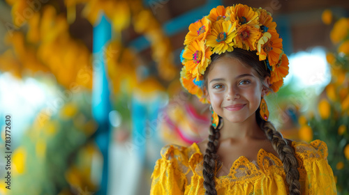 Captivating portrait of a young girl dressed in a traditional yellow outfit adorned with a floral headpiece, celebrating the Brazilian festival, Festa Junina. Her joyous expression embodies the festiv photo