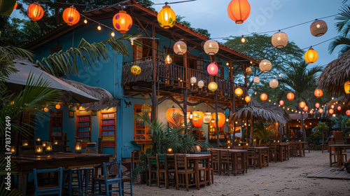 Evening scene at a tropical beach bar, with colorful lanterns hanging above. The cozy setup includes wooden furniture and palm trees, creating an inviting atmosphere.