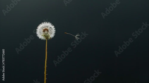 A close-up shot minimalist composition featuring a solitary dandelion standing tall against a stark black background  its seed suspended in the air