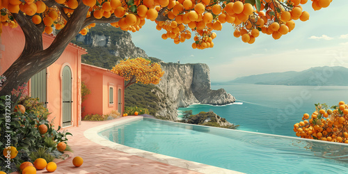 A lemons tree grows beside a pristine swimming pool banner photo