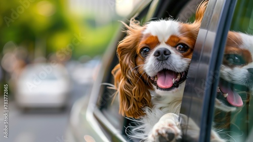 A cute happy dog with floppy ears sticking its head out of a car window photo