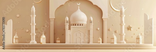 Abstract 3D render of a mosque with crescent moon in a minimalist style. Religious and cultural