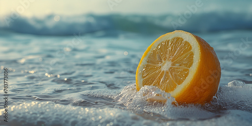 A slice of orange resting on top of a wave in the ocean banner photo
