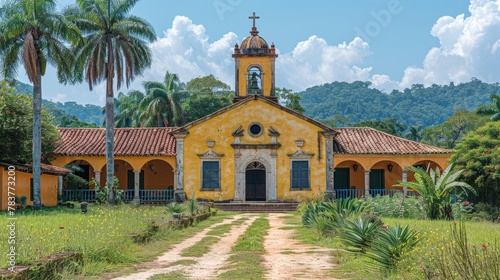 Picturesque view of Sao Joao Baptista, a historic church nestled in lush greenery and framed by palm trees under a bright blue sky. photo