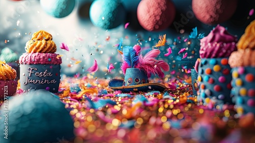 Vibrant image capturing the essence of Festa Junina, featuring colorful cupcakes, festive decorations, and scattered confetti, invoking a joyful and celebratory mood.