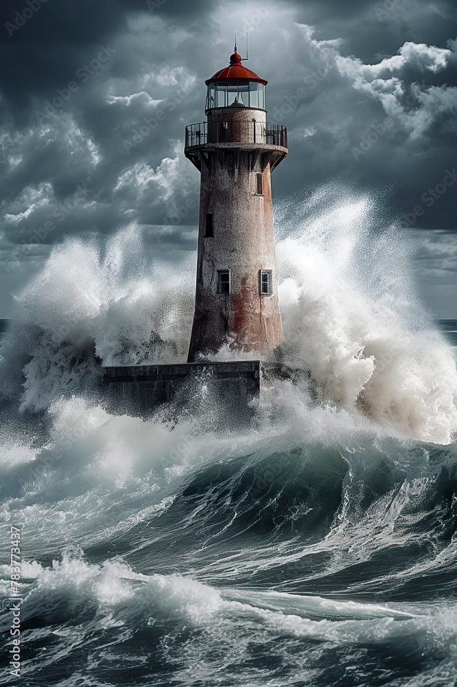 A lighthouse stands resilient against tumultuous waves under a dramatic, cloudy sky, embodying strength amidst nature's fury