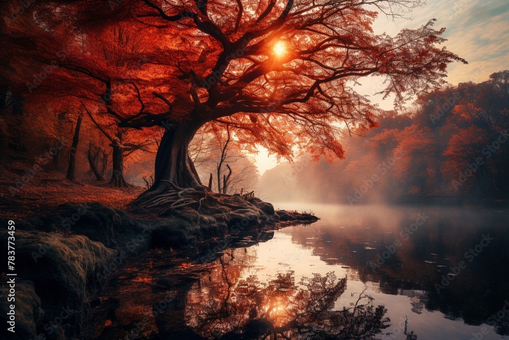 Autumn tree over a water, illustration
