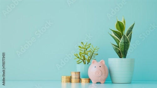 A minimalist photograph showcasing a sleek pink piggy bank positioned amidst a stack of gleaming gold coins and a single vibrant green plant, set against a crisp blue background photo