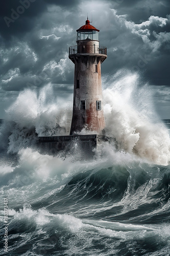 A lighthouse stands resilient against tumultuous waves under a dramatic  cloudy sky  embodying strength amidst nature s fury