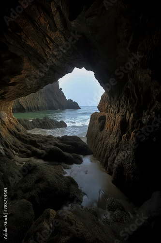 A serene cave view, overlooking a calm sea and rocky shore, bathed in natural light, evokes tranquility and introspection
