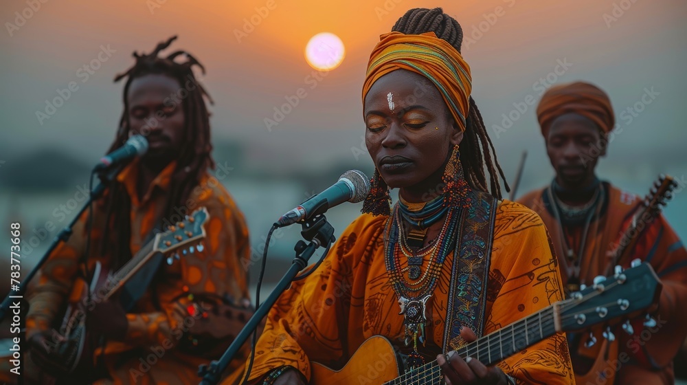 African music band performing outdoors at sunset. Central female vocalist with guitar, accompanied by male band members.